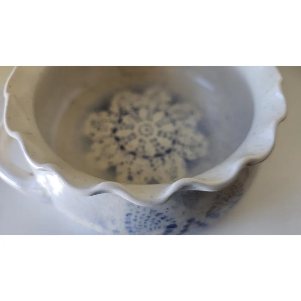 Ruffle Edge Artisan Ceramic Dish With Doily Impression Blue and White Design